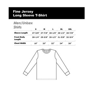 May include: Size chart for a long-sleeved t-shirt, showing measurements in inches for sleeve length, front body length, and chest width. Sizes include S, M, L, XL, and 2XL.
