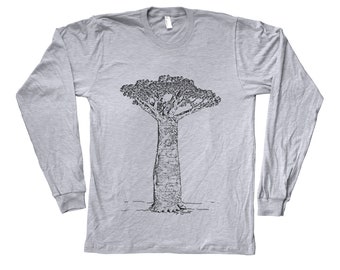 Mens Unisex Baobab Tree Tshirt Hand Screen Print  Crew Neck Long Sleeve tshirt