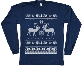 Mens Unisex Christmas Ugly Sweater Tshirt Hand Screen Print  Crew Neck Long Sleeve tshirt