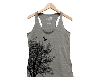 Tree Shirt, Nature Shirt, Tree Tank Top, Racerback Tank Top, Summer Shirt, Camping Shirt, Bird Shirt, Black Tank Top, Graphic Tee