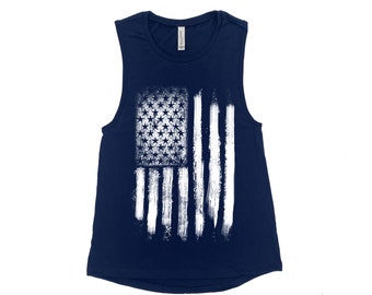 USA Fourth of July Womens Tank Top, Distressed Flag Girl 4th of July Shirt, Red White and Blue Tank Top, American Flag Graphic Tee