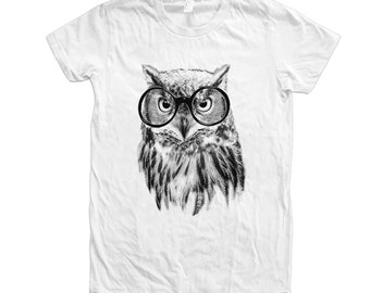 Owl Tshirt, Womens Junior Tshirt, Crew Neck, Cotton T-shirt, Bird Print, Cute Animal Print Tee, Graphic Tee, Bird Lover Gift
