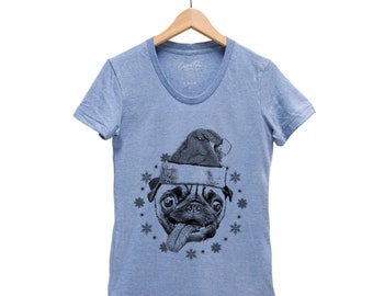 Christmas Junior Shirt for Women, Santa T-shirt, Pug Shirt, Shirt Girl, Animal Shirt, Christmas Gift, Pug Face Shirt, Funny Animal Tshirt