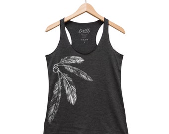 Women's Tank Top, Ladies Feather Print Tank Top, Graphic Tee, Triblend Racerback Tank Top, Hand Screen Print, Gift for Daughter