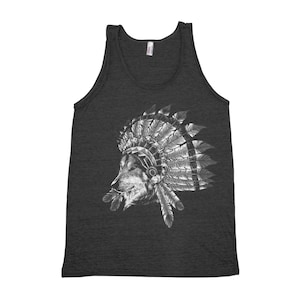 Wolf Indian Chief Men&#39;s Unisex Tank Top Triblend Tank Top Hand Screen Print