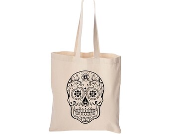 Halloween tote bag, cute bag, grocery bag, reusable bag, market bag, cotton bag, beach bag, Sugar Skull, screen print, Gothic, Candy Bag