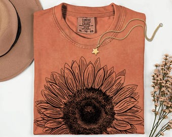 Hand Screen Printed Sunflower Comfort Colors T-Shirt - Nature Lover Gift