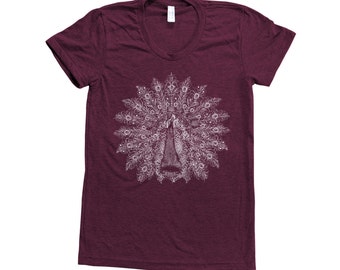 PEACOCK Shirt Women Custom Hand Screen Print Tri-Blend Short Sleeve Tshirt Available: S, M, L, XL