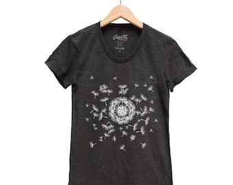 Dandelion Shirt, Women's Junior T-shirt, Scoop Neck, Custom Hand Screen Print, Tri-Blend Graphic Tee, Short Sleeve Tshirt, Fying Seed