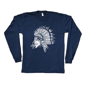 WOLF Tshirt, Mens T-shirt, Unisex T-shirt, Long Sleeve Tshirt, Indian Wolf Chief, Animal Print T, Screen Print, Crew Neck, Black T-shirt