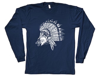 WOLF Tshirt, Mens T-shirt, Unisex T-shirt, Long Sleeve Tshirt, Indian Wolf Chief, Animal Print T, Screen Print, Crew Neck, Black T-shirt