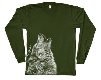 WOLF Tshirt, Mens T-shirt, Unisex T-shirt, Long Sleeve Tshirt, Howling Wolf, Animal Print T, Screen Print, Crew Neck, Black T-shirt