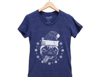 Christmas Junior Shirt for Women, Santa T-shirt, Pug Shirt, Shirt Girl, Animal Shirt, Christmas Gift, Pug Face Shirt, Funny Animal Tshirt