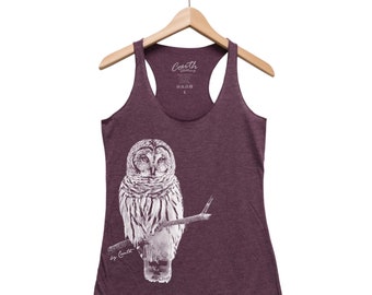 BARRED OWL Tank Top, Owl Shirt, Womens Shirt, Bird Tank Top, Racerback Tank Top, Hand Screen Print, Cute Shirt, Animal Shirt, Nature Shirt