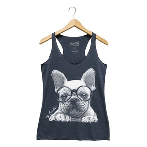 French Bulldog Tank Top, Women Tank Top, Frenchie Tank Top, Dog Tank Top, Dog Mom, Dog Lover, Triblend Racerback Tank Top, Animal Print Navy