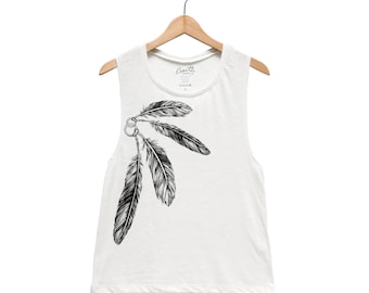 Feather Tank Top - Muscle Tee - Tribal Print - Screen Print - Summer Shirt - Vacay Shirt - Gift for Women - Tank Top for Women - Tribal