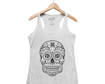 Halloween Shirt - Sugar Skull Tank Top - Gothic Women Tank Top - Triblend Racerback Tank Top - Halloween Costume - Funny Halloween