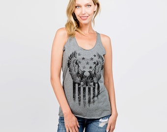 Eagle Tank Top, Women's Tank Top, Flag Clothing, Flag Apparel, Triblend Racerback Tank Top, Hand Screen Print, American Flag, Merica, USA