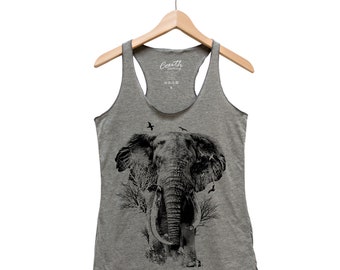 Elephant Tank Top, Ladies Tank Top, Triblend Racerback Tank Top, Hand Screen Print, Animal Print Shirt, Fashion Tank Top, Screen Print Shirt