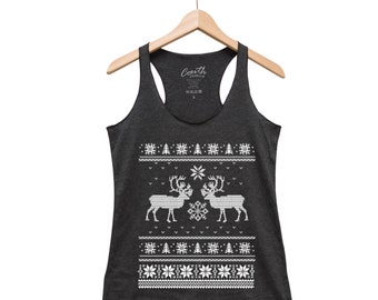 Christmas Ugly Sweater Shirt, Womens Tank Top, Animal Print Shirt, Black Tank Top, Holiday Gift, Cute Shirt, Reindeer Shirt, Funny Shirt