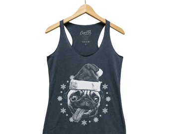 Christmas Tank Top, Womens Shirt, Pug Tank Top, Santa Shirt, Holiday Gift, Christmas Gift, Dog Lover, Animal Shirt, Graphic Tee, Racerback