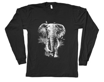 Elephant Tshirt, Mens T-shirt, Unisex T-shirt, Long Sleeve Tshirt, Animal Graphic, Animal Print T, Screen Print, Crew Neck, Black T-shirt