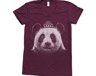 PANDA Shirt Women Junior Tshirt Custom Hand Screen Print Short Sleeve Tshirt Available: S, M, L, XL