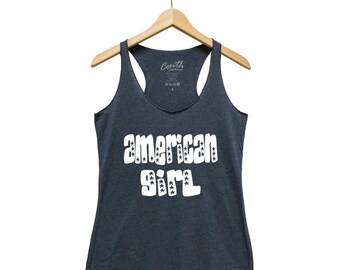 Women Tank Top, American Girl, American Flag Woman Tee, Triblend Racerback, Graphic Tee, 4th of July, USA Shirt, Summer Shirt, Gift for Her