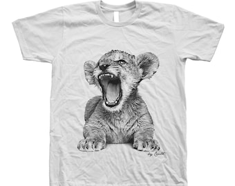 Lion Tshirt, Mens T-shirt, Lion Cub Shirt, Cute Animal T shirt, Graphic Tee, Hand Screen Print, Cute Tshirt, Animal Shirt