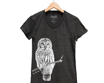 Owl Shirt, Womens Junior Tshirt, Bird Shirt, Summer Shirt, Screenprint Shirt, Animal Shirt, Birthday Gift, Graphic Tee