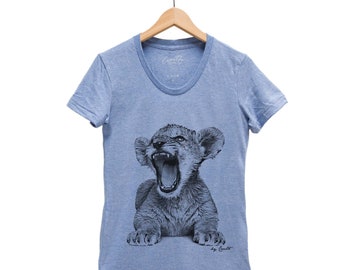 Lion Tshirt, Womens Junior Tshirt, Lion Cub Shirt, Cute Animal Tshirt, Graphic Tee, Hand Screen Print, Cute Tshirt, Animal Shirt