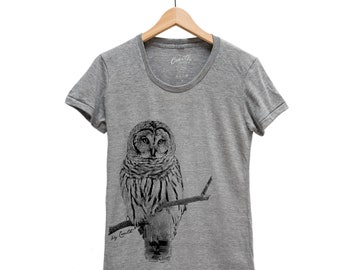 Owl Shirt, Womens Junior Tshirt, Bird Shirt, Summer Shirt, Screenprint Shirt, Animal Shirt, Birthday Gift, Graphic Tee