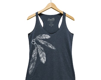 Feather Tank Top, Womens Tank Top, Tribal Tank Top, Shirt for Women, Graphic Tee, Triblend Racerback Tank Top, Hand Screen Print