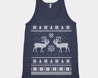 Ugly Sweater Tank Top, Christmas Shirt, Deer Tshirt, Knit Shirt, Christmas Gift, Funny Shirt, Graphic Tee, Holiday Gift