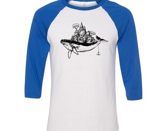 Whale Shirt, Baseball Shirt, Unisex Raglan Tshirt,  Animal Shirt, 3/4 Sleeve, Fantasy Tshirt, Funny Shirt, Birthday Gift, Graphic Tee