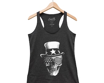 Skull, 4th of JULY AMERICAN FLAG, Women Tank Top, Triblend Racerback Tank Top, Hand Screen Print, Black Shirt