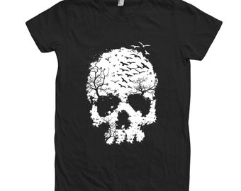 Skull Halloween Shirt, Womens Junior Shirt, Skeleton Tshirt, Skeleton Shirt, Spooky Skeleton Tshirt, Halloween Tshirt, Black Tshirt
