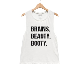 Womens Flowy Scoop Muscle Tank, Brain Beauty Booty, Muscle Tee, Womens Clothing, Workout, Gym, Fitness, Summer, Funny Shirt, Yoga Top