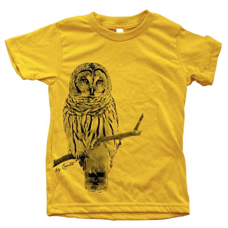 Kids Owl T-shirt: Screen Print Cotton Bird Tee Gold