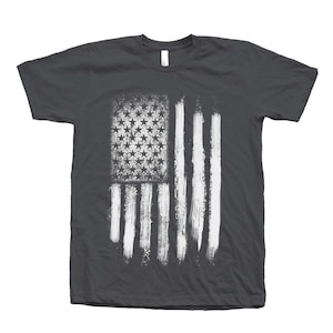 Mens gray short sleeve crew neck tshirt with screen print distressed American Flag design for 4th of July