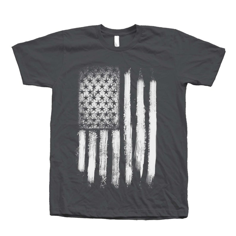 Mens gray short sleeve crew neck tshirt with screen print distressed American Flag design for 4th of July