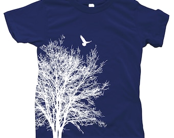 Kids Tree Tshirt, Tree T-shirt, Bird Tshirt, Screen Print, Crew Neck, Gift for Boy, Gift for Girl, Cotton T-shirt, Boys Tshirt, Girls Tshirt