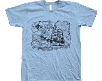 Sailing Ship Tshirt, Mens T-shirt, Unisex T-shirt, Crew Neck, Compass T-shirt, White T-shirt, Map T-shirt, Sea T-shirt