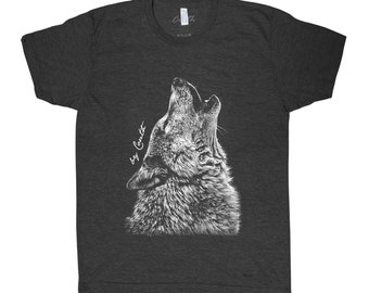 WOLF T Shirt, Men's T-shirt, Unisex T-shirt, Howling Wolf, Animal Print T, Screen Print, Crew Neck, Black T-shirt, Triblend Shirt, Wolfpack
