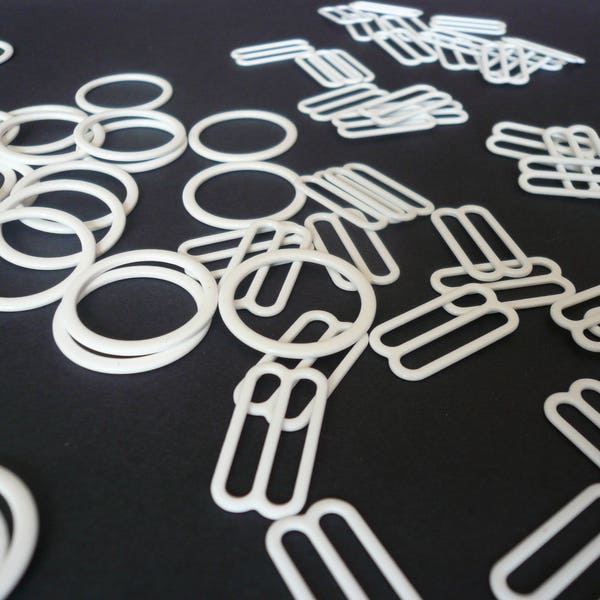 Bra / Lingerie Making Supplies. White Metal Coated Metal Sliders and Rings.