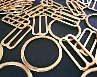 Bra / Lingerie Making. Quality Gold Plated Metal Sliders and Rings. Various Sizes
