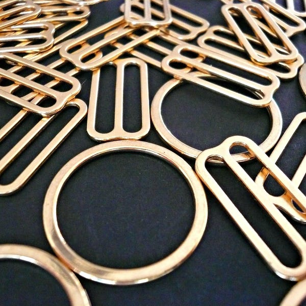 Bra / Lingerie Making. Quality Gold Plated Metal Sliders and Rings. Various Sizes