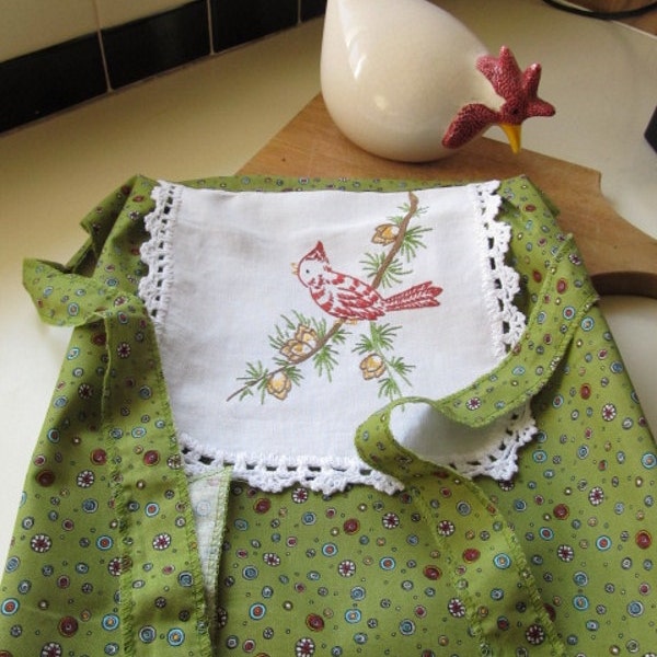 Childs Cooking Apron in Green, Bird Print, AprC9