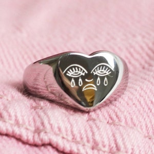 Crying Heart Tattoo Ring Silver Solid Stainless Steel Signet Heart Shaped Size US 5-9 UK K-S Sad Face