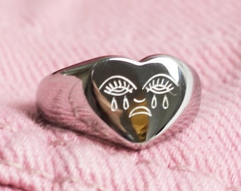 Crying Heart Tattoo Ring Silver Solid Stainless Steel Signet Heart Shaped Size US 5-9 UK K-S Sad Face